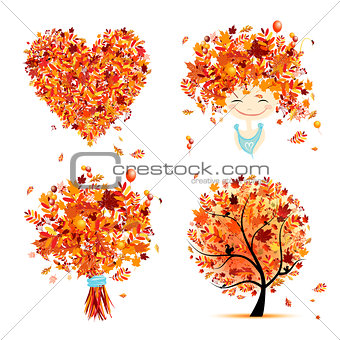 Autumn set for your design: girl, bouquet, tree, heart