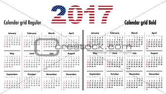 Calendar 2017 English SF normal and bold usa flag colors