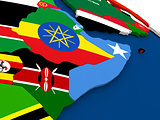 Somalia and Ethiopia on globe with flags