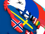 Scandinavia on globe with flags