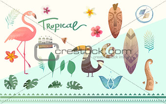 Vector set of tropical plants and animals.