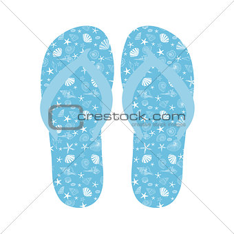 Flip flops, Slippers with seashell pattern on blue background