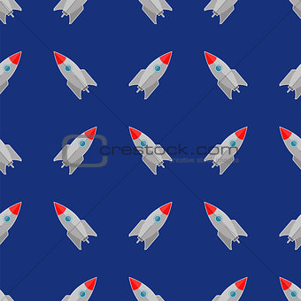 Space Rocket Flying on Blue Sky Seamless Pattern