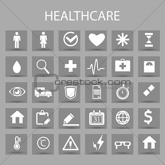 Vector flat icons set and graphic design elements. Illustration with medical, medicine, healthcare outline symbols.