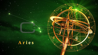 Armillary Sphere And Constellation Aries Over Green Background