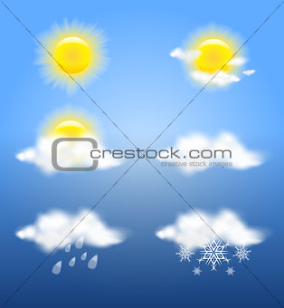 Realistic transparency sun and clouds in weather icons set