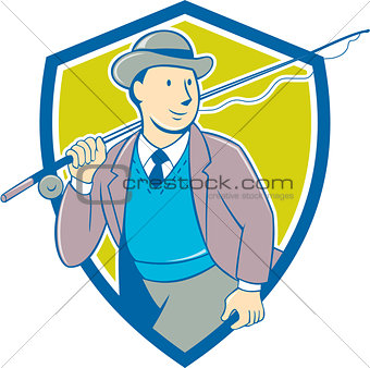 Vintage Fly Fisherman Bowler Hat Shield Cartoon