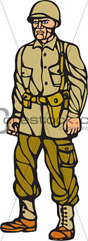 American World War Two Soldier Standing Linocut