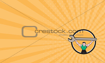 Business card Mechanic Lifting Giant Spanner Wrench Circle Cartoon