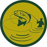 Trout Jumping Fly Fisherman Circle Retro