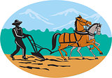 Farmer and Horses Plowing Field Cartoon