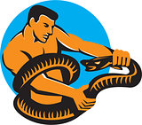 Man Fighting Boa Constrictor Snake Retro