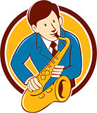 Musician Playing Saxophone Circle Cartoon