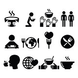 Hunger, starvation, poverty icons set