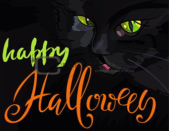 Halloween illustration with black cat. Helloween handwritten lettering. Vector illustration. EPS10