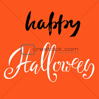 Happy Halloween text. Vector lettering on orange background. Flat halloween elements. Halloween card