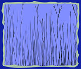 Blue framed illustration of tall thin trees