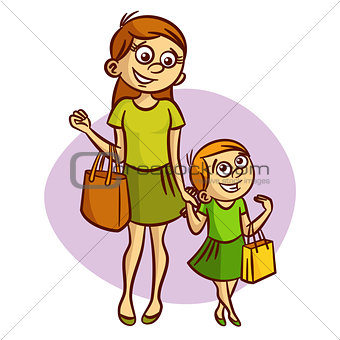Mother with little girl walking