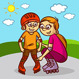 Mother and child on roller skates