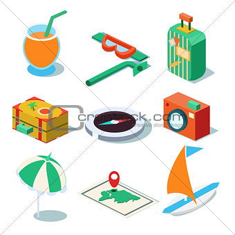 Travel Objects Icon Set Flat 3d Isomectric Modern Design Template
