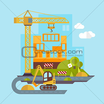 Construction Site, Building Flat Illustration