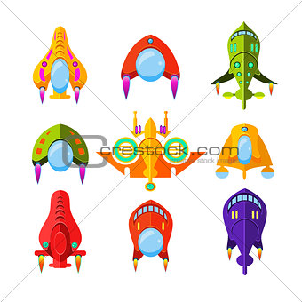Colourful Spaceships and Rockets Vector Illustration Set