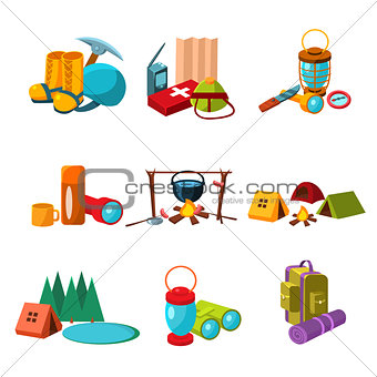 Hiking and Camping Icons Set Vector Illustration