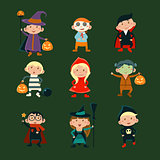 Kids in Halloween Costumes Vector Illustration