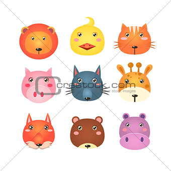 Cute Set of Cartoon Animal Heads Vector Illustration