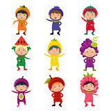 Cute Kids in Fruit and Berry Costumes Vector Illustration