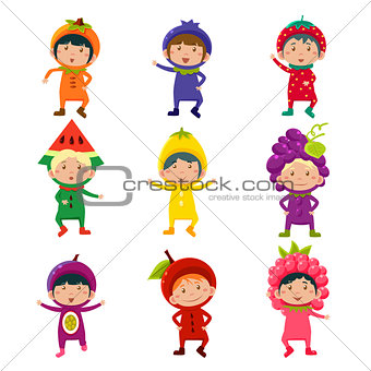 Cute Kids in Fruit and Berry Costumes Vector Illustration