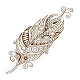 isolated decorated feather in the boho style