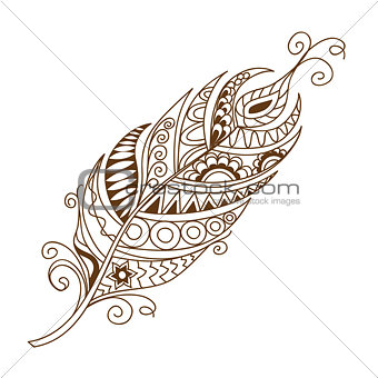 isolated decorated feather in the boho style