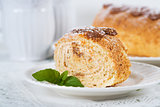 Biscuit roll with condensed milk, selective focus