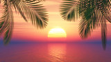 3D sunset ocean with palm tree fronds