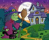 Witch with cat and broom theme image 4