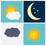 Weather Icons with Sun, Cloud, Rain and Moon Vector Illustration