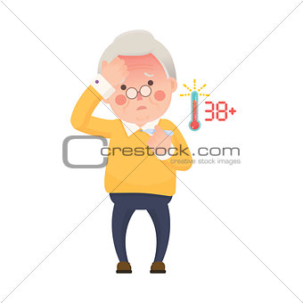 Senior Man with Fever Checking Thermometer