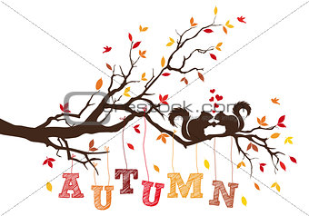 Autumn tree with squirrels, vector