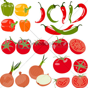 Set of vegetables with peppers, chili pepper, tomatos, onion, vector illustration, isolated, on white background.