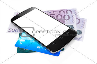 smartphone, euro notes and credit cards for mobile payment