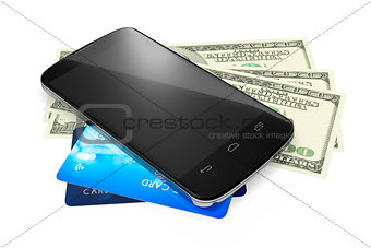 smartphone, dollar notes and credit cards for mobile payment