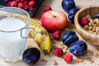 Super breakfast with muesli, berries, fruits and milk