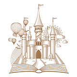 World of tales, fairy castle appearing from the old book, cartoon vector illustration. Mono line art