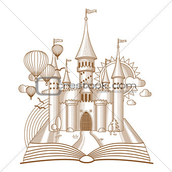 World of tales, fairy castle appearing from the old book, cartoon vector illustration. Mono line art