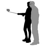 Silhouettes man and woman taking selfie with smartphone on white background. Vector illustration