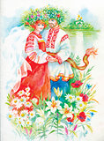 Woman and men in national costumes and wreaths on the river bank. Watercolor illustration