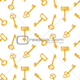 Gold keys seamless vector pattern on white. Retro cartoon key background.