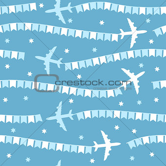 Cartoon airplane with flags seamless pattern
