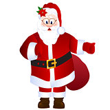 Cartoon Santa Claus holding bag with gifts, with thumb up